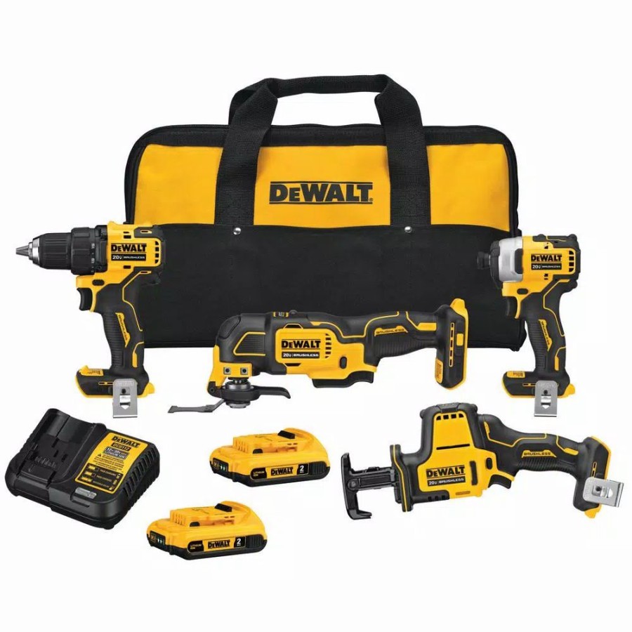 Power Tool Combo Kits * | Power Tool Combo Kits Dewalt Atomic 20-Volt Max Cordless Brushless Combo Kit (4-Tool), (2) 2.0 Ah Batteries, Charger & Bag