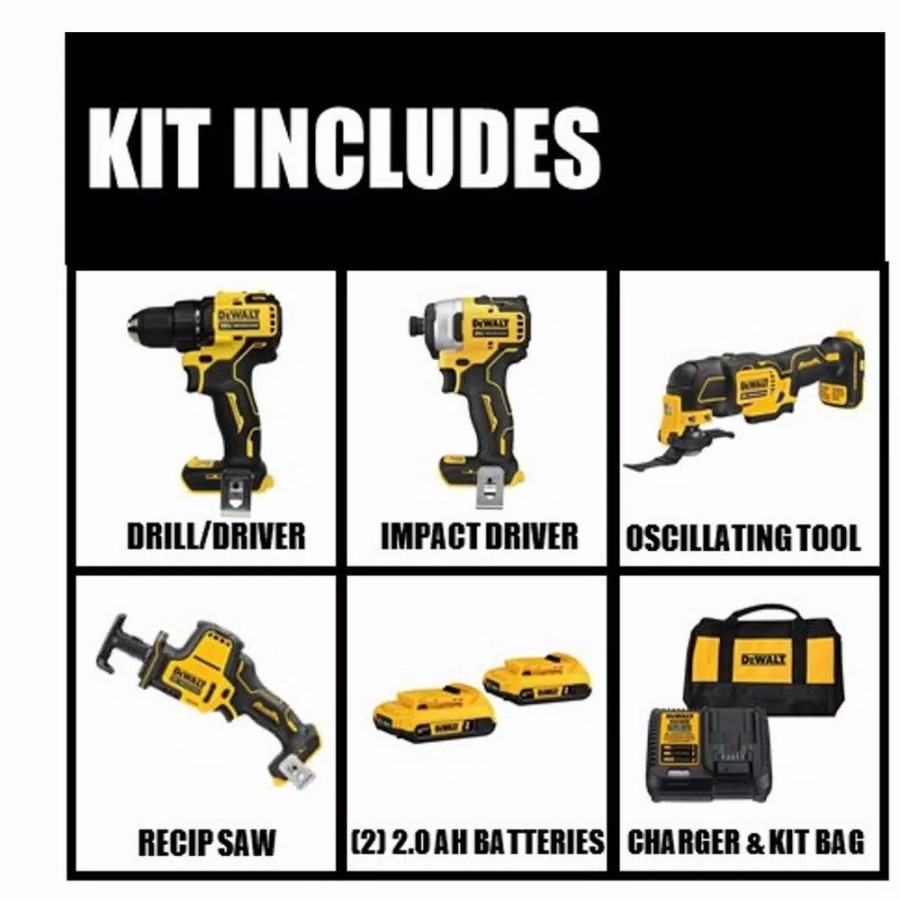 Power Tool Combo Kits * | Power Tool Combo Kits Dewalt Atomic 20-Volt Max Cordless Brushless Combo Kit (4-Tool), (2) 2.0 Ah Batteries, Charger & Bag