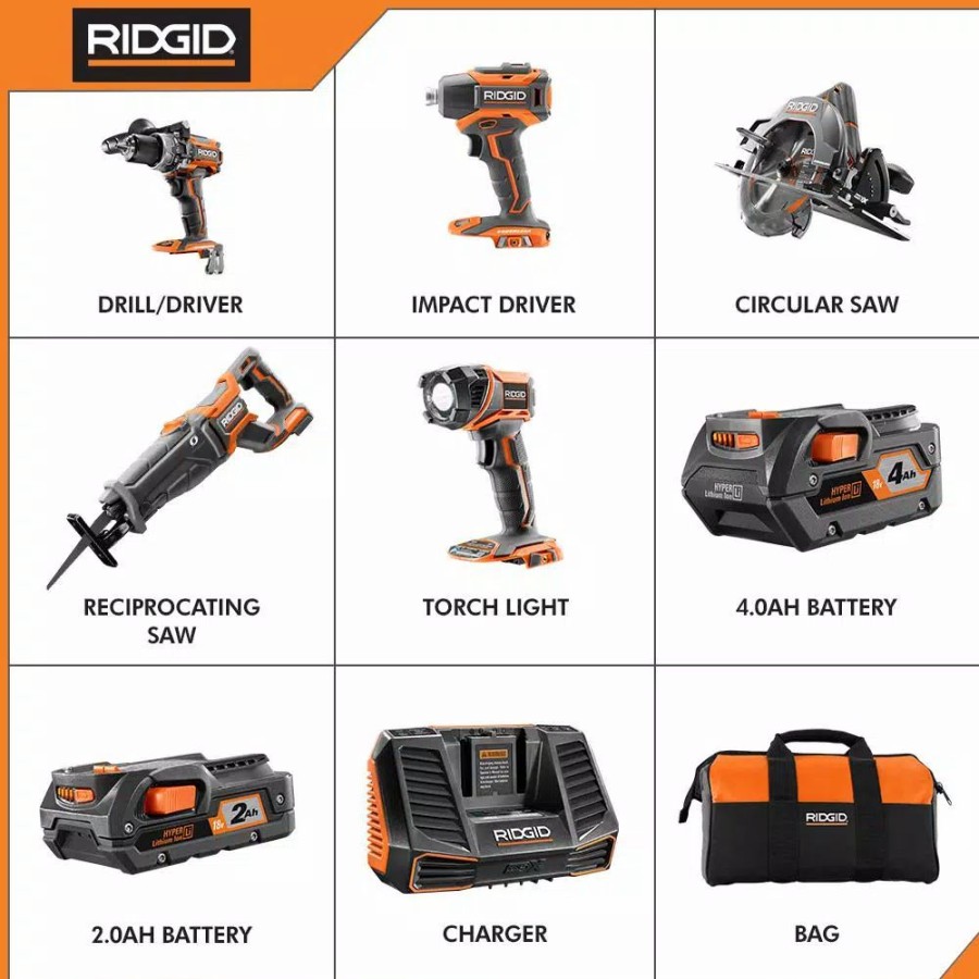 Power Tool Combo Kits * | Power Tool Combo Kits Ridgid 18-Volt Lithium-Ion Cordless Brushless 5-Tool Combo Kit With (1) 2.0 Ah And (1) 4.0 Ah Battery, 18-Volt Charger, And Bag