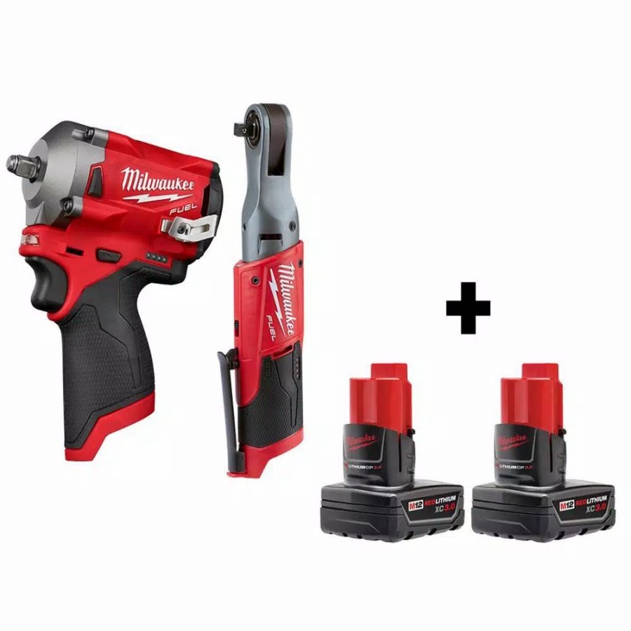 Impact Wrenches * | Impact Wrenches Milwaukee M12 Fuel 12-Volt Lithium-Ion Brushless Cordless Stubby 3/8 In. Impact Wrench & 3/8 In. Ratchet With Two 3.0 Ah Batteries